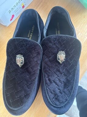 Kurt Geiger Black Quilted Velvet Slip-On Loafers with Metal Crest
